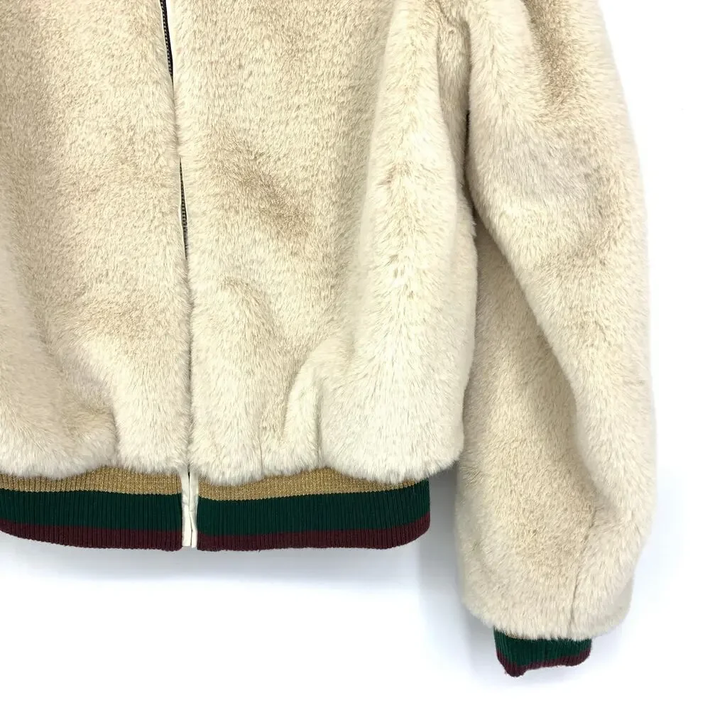 Elan Bomber Jacket Women's Size Small Faux Fur Cream Striped Collar Cuff
